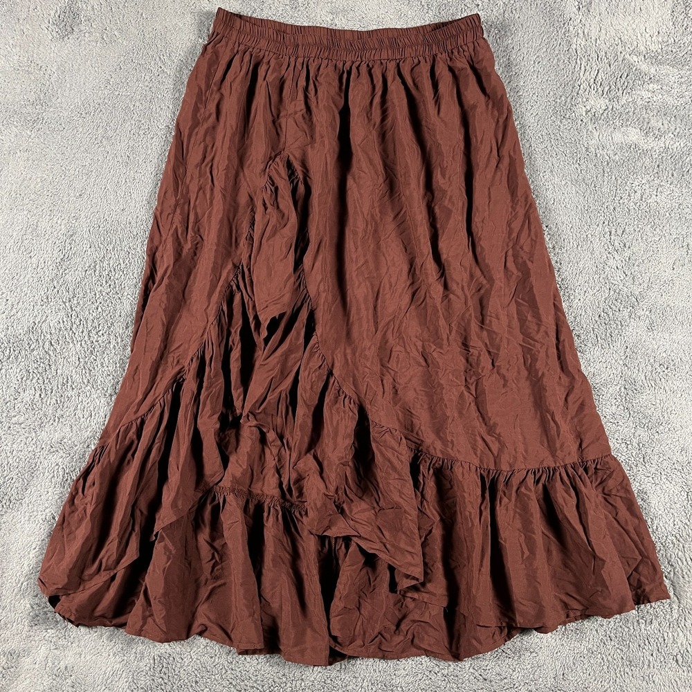 Rusttydustty Midi Skirt Womens 2XL Brown Chinch Ruffle Hem Elastic Waist Pull On